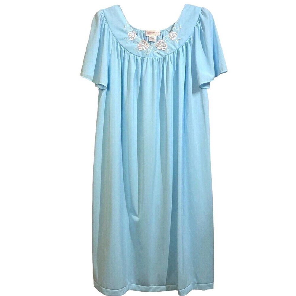 Vtg Shadowline Nightgown Short Sleeve Gown Size L Sleepwear Blue Embroidered NOS